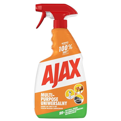 Flacon cu pulverizator de soluție universală pentru curățat Ajax Multi-Purpose, de culoare portocalie, cu pulverizator roșu și etichetă ce ilustrează diverse suprafețe din casă.