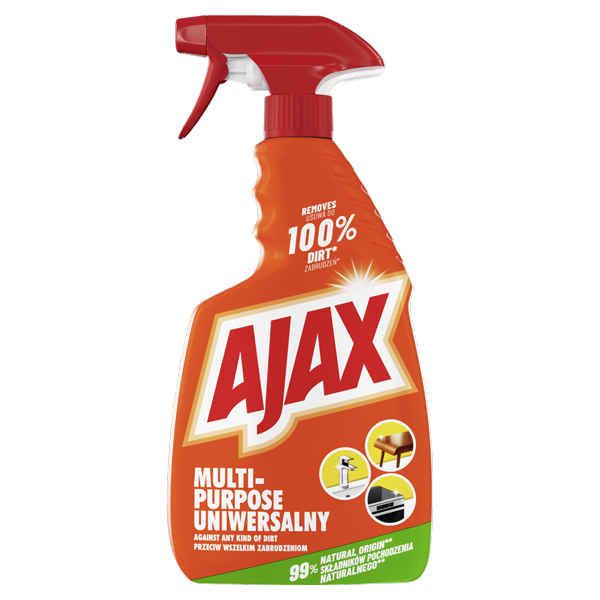 Flacon cu pulverizator de soluție universală pentru curățat Ajax Multi-Purpose, de culoare portocalie, cu pulverizator roșu și etichetă ce ilustrează diverse suprafețe din casă.