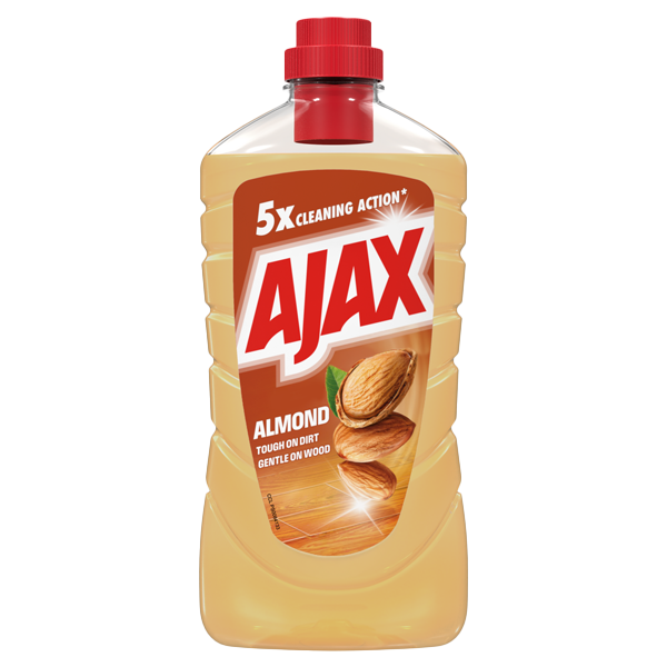 Sticlă cu soluție de curățat pentru lemn Ajax Almond, cu lichid de culoare galben-auriu, capac roșu și etichetă ce ilustrează o migdală pe o pardoseală din lemn.