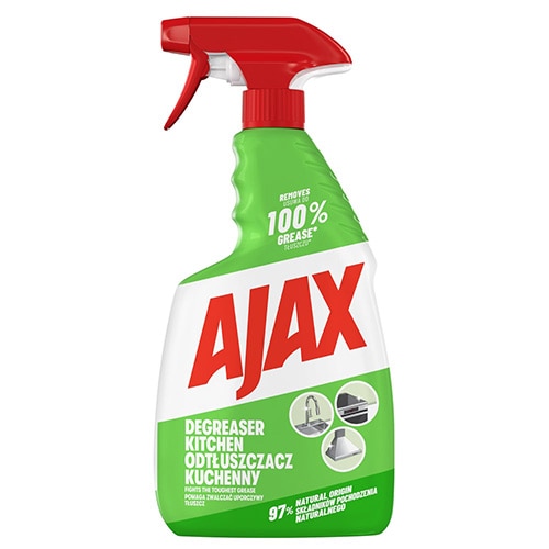 Flacon cu pulverizator de soluție degresantă pentru bucătărie Ajax, de culoare verde, cu pulverizator roșu și etichetă ce ilustrează suprafețe din bucătărie.