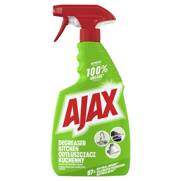 Flacon cu pulverizator de soluție degresantă pentru bucătărie Ajax, de culoare verde, cu pulverizator roșu și etichetă ce ilustrează suprafețe din bucătărie.