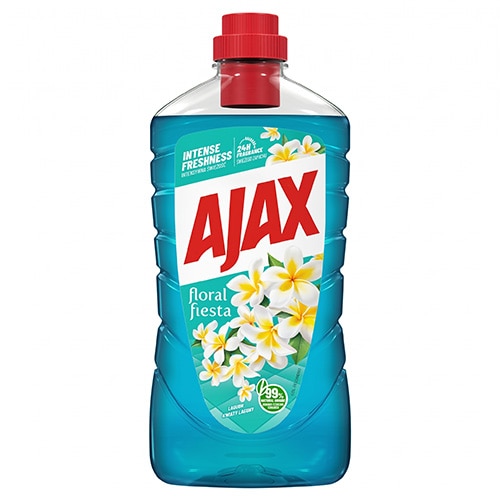 Sticla cu detergent lichid albastru Ajax Floral Fiesta prezintă inscripțiile în limba română „FRESCURĂ INTENSĂ” și „festa florală”, fiind decorată cu flori albe și galbene și prevăzută cu un capac roșu.