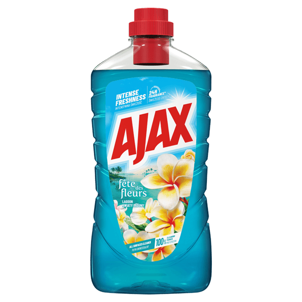 Sticla cu detergent lichid albastru Ajax Floral Fiesta prezintă inscripțiile în limba română „FRESCURĂ INTENSĂ” și „festa florală”, fiind decorată cu flori albe și galbene și prevăzută cu un capac roșu.