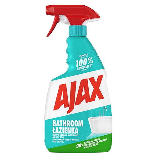 Flacon cu pulverizator de soluție pentru curățat baia Ajax Bathroom, de culoare turcoaz, cu pulverizator roșu și etichetă ce ilustrează o cadă albă.