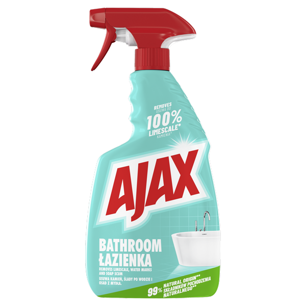 Flacon cu pulverizator de soluție pentru curățat baia Ajax Bathroom, de culoare turcoaz, cu pulverizator roșu și etichetă ce ilustrează o cadă albă.