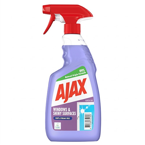 Flacon mov cu pulverizator de soluție pentru curățat geamuri și suprafețe strălucitoare Ajax Windows & Shiny Surfaces, cu pulverizator roșu și etichetă ce ilustrează o fereastră curată.