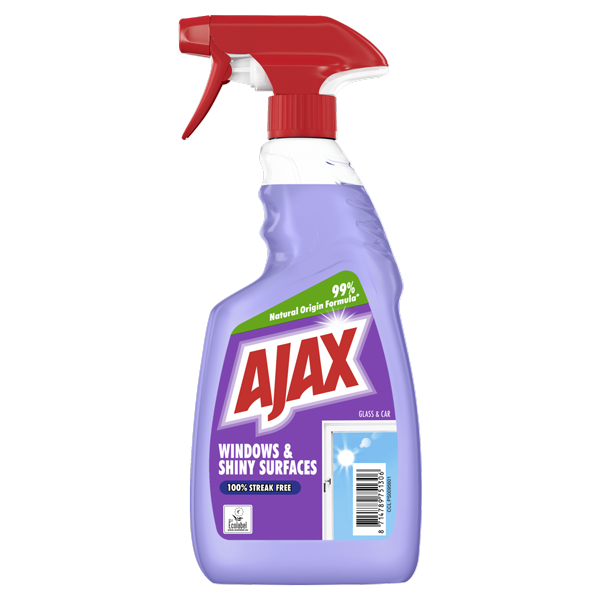 Flacon mov cu pulverizator de soluție pentru curățat geamuri și suprafețe strălucitoare Ajax Windows & Shiny Surfaces, cu pulverizator roșu și etichetă ce ilustrează o fereastră curată.