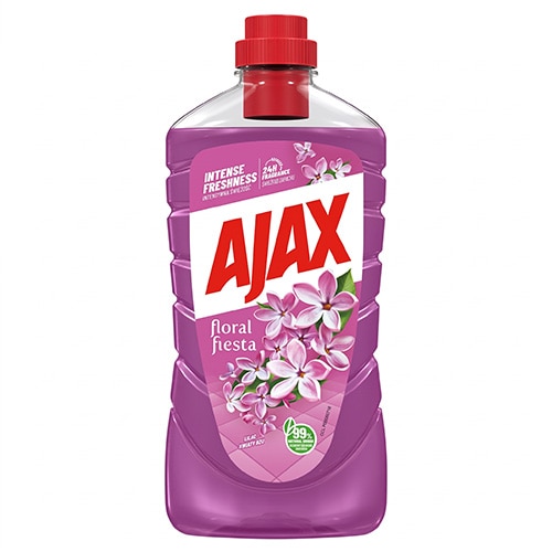 Sticlă cu soluție de curățat Ajax Floral Fiesta cu lichid mov, capac roșu și etichetă decorată cu flori roz și violete.