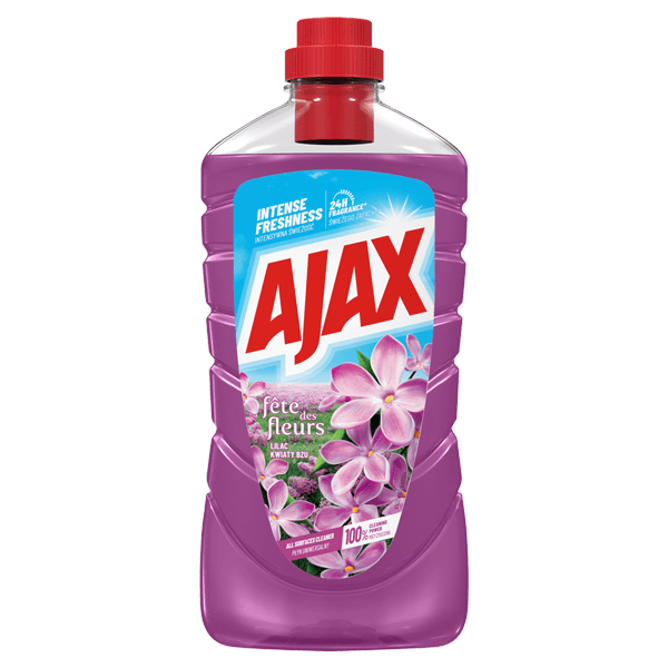 Sticlă cu soluție de curățat Ajax Floral Fiesta cu lichid mov, capac roșu și etichetă decorată cu flori roz și violete.