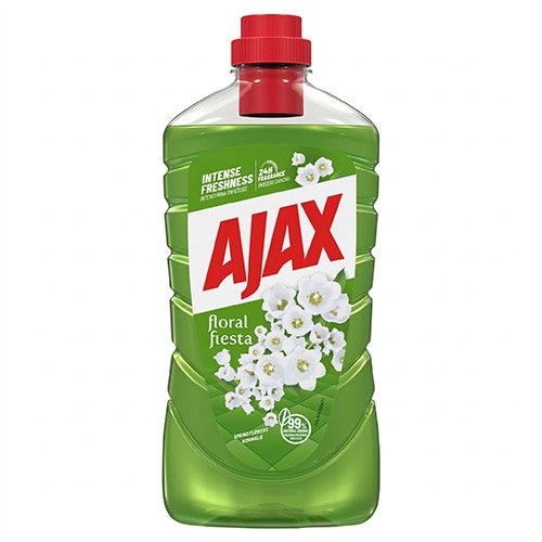 Sticlă cu soluție de curățat Ajax Floral Fiesta cu lichid verde, capac roșu și etichetă decorată cu flori albe.