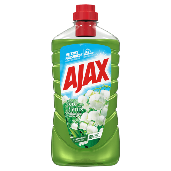 Sticlă cu soluție de curățat Ajax Floral Fiesta cu lichid verde, capac roșu și etichetă decorată cu flori albe.