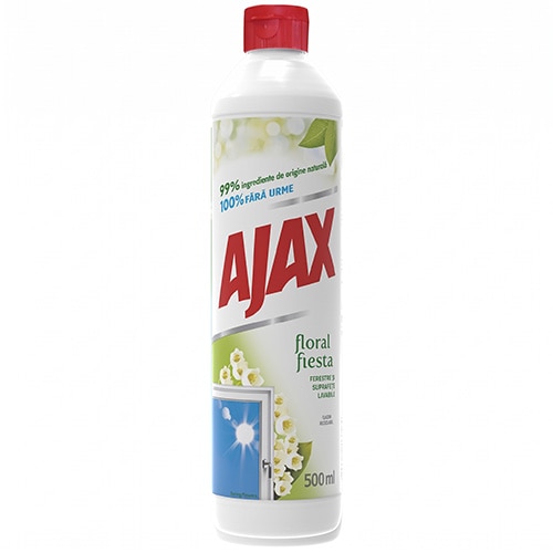 Flacon alb cu soluție de curățat suprafețe lavabile Ajax Floral Fiesta de 500 ml, cu capac roșu și etichetă decorată cu flori albe și o fereastră.
