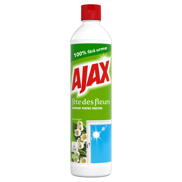 Flacon alb cu soluție de curățat suprafețe lavabile Ajax Floral Fiesta de 500 ml, cu capac roșu și etichetă decorată cu flori albe și o fereastră.