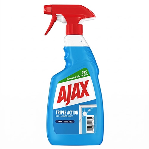 Flacon albastru cu pulverizator de soluție pentru curățat geamuri și suprafețe Ajax Triple Action, cu pulverizator roșu și etichetă ce ilustrează o fereastră curată.