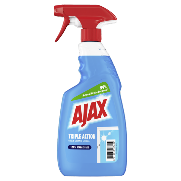 Flacon albastru cu pulverizator de soluție pentru curățat geamuri și suprafețe Ajax Triple Action, cu pulverizator roșu și etichetă ce ilustrează o fereastră curată.