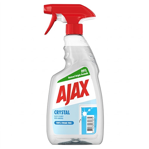 Flacon transparent cu pulverizator de soluție pentru curățat geamuri Ajax Crystal, cu pulverizator roșu și etichetă ce ilustrează o fereastră curată.